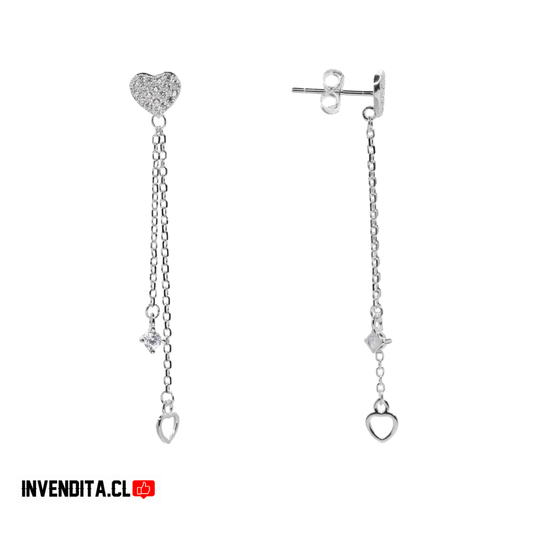Aros de plata 925 diseño corazones con circones doble cadena
