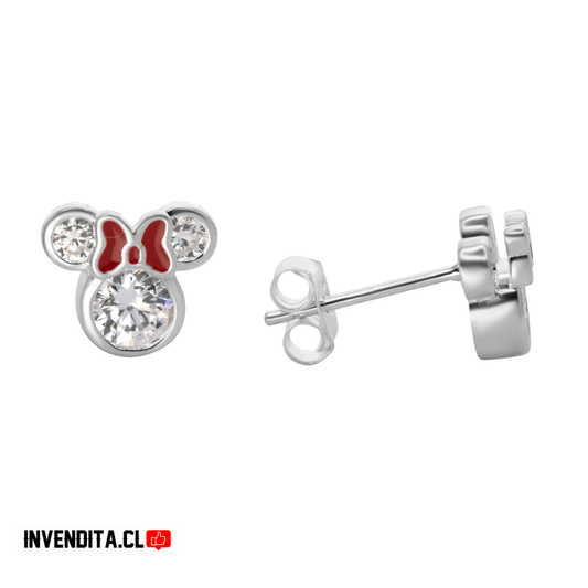Aros de plata 925 Minnie Mouse con circones y listón esmaltado