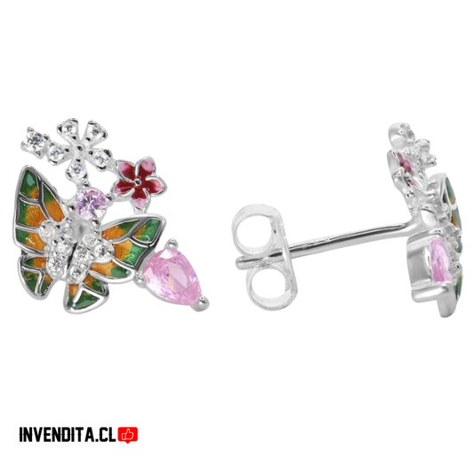 Aros de plata 925 diseño mariposas y flores esmaltadas