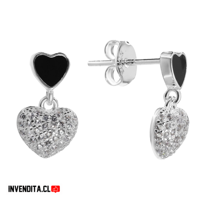 Aros de plata 925 corazón esmaltado en negro y colgantes con circón