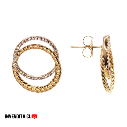 Aros enchapados en oro doble argolla con circones y detalles