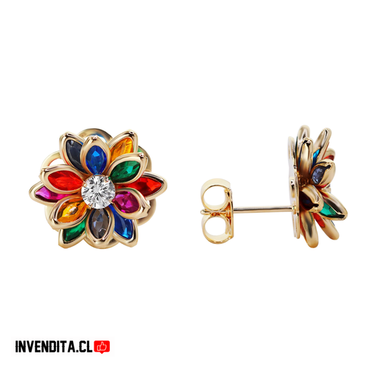 Aros enchapados en oro flores estilo loto con circones de colores