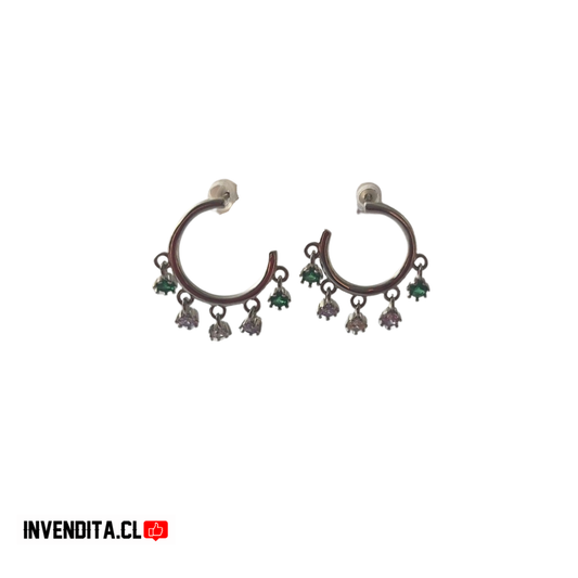 Aros de Plata 925 argolla con circones de colores colgantes