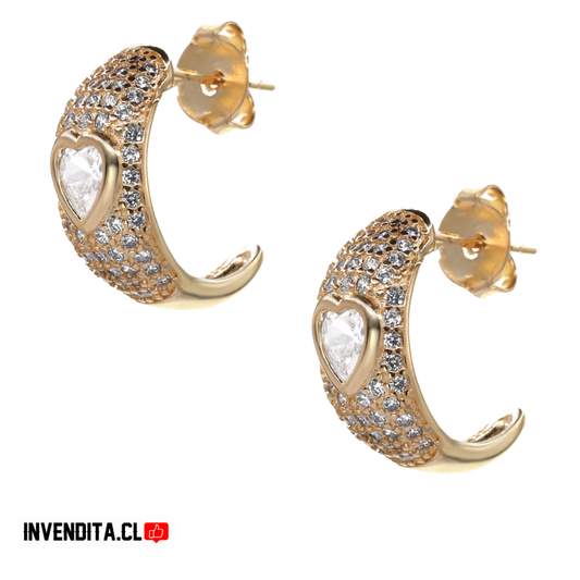 Aros enchapados en oro rosado semi argollas con circones y corazón