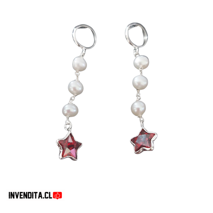 Aros de plata 925 perlas con estrella roja