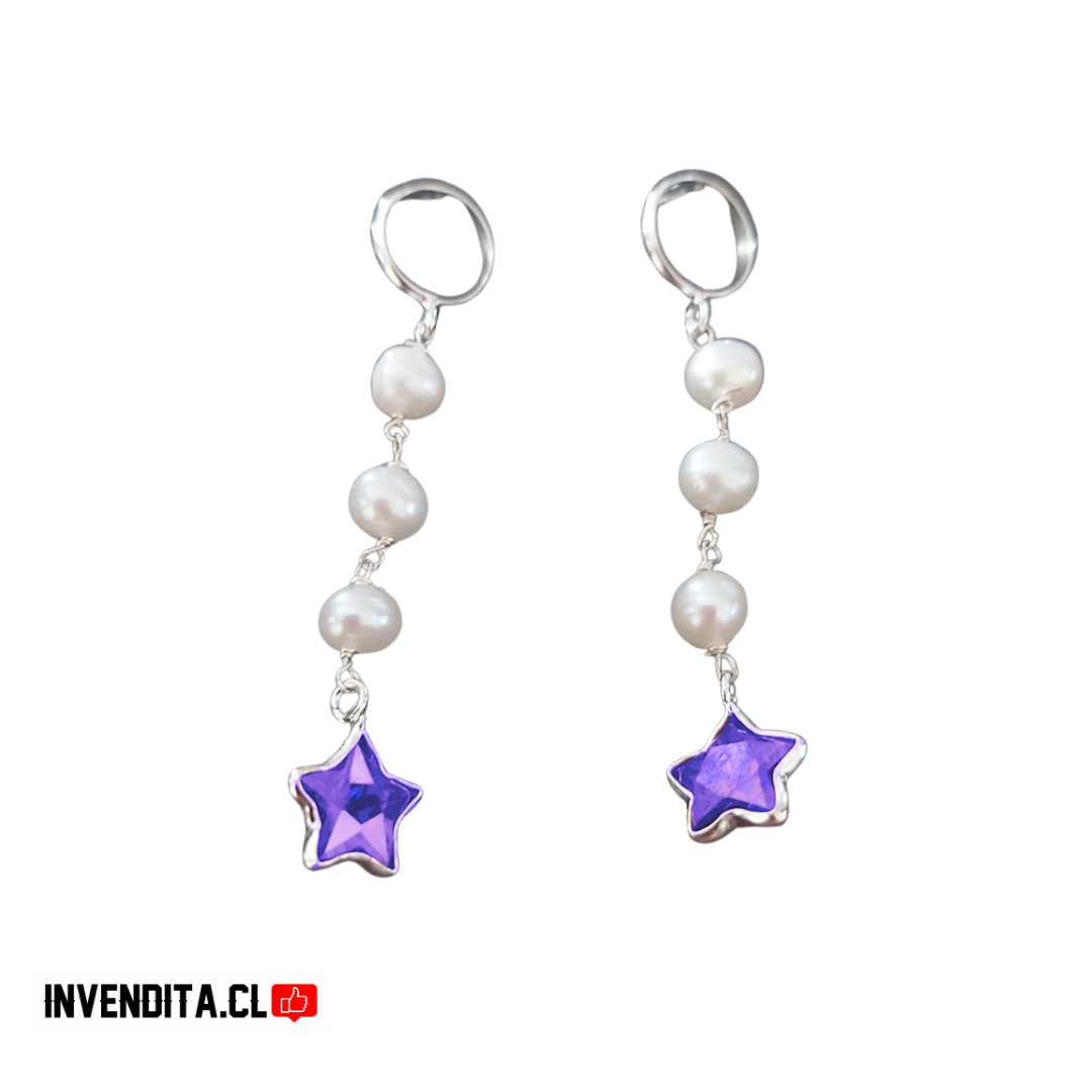 Aros de plata 925 perlas con estrella lila
