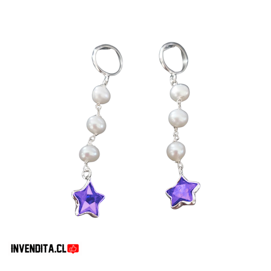 Aros de plata 925 perlas con estrella lila