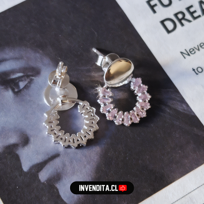 Aros de plata 925 estilo argolla con serie de circones rosas