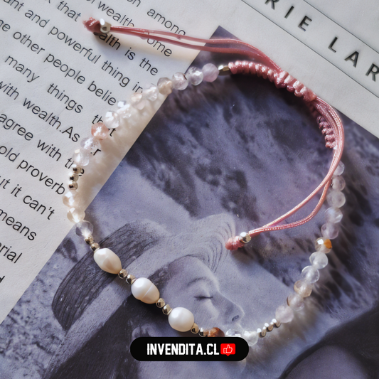 Pulsera de Plata 925 Macramé color Palo de Rosa con Cristales, Esferas y Piedras de Río