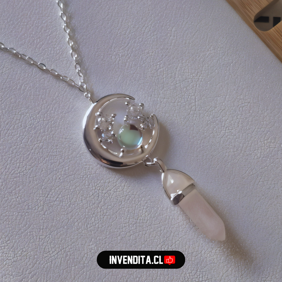 Collar de plata 925 diseño piedra luna con circones y cuarzo