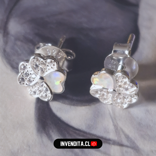 Aros de plata 925 diseño trébol con circones y ópalo australiano