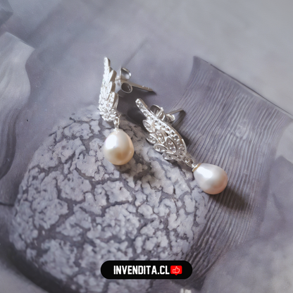 Aros de plata 925 pluma con perlas de río