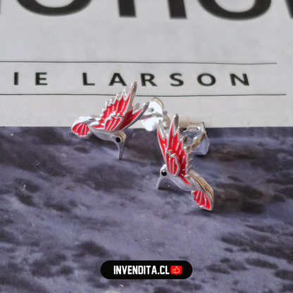 Aros de plata 925 diseño colibrí con alas rosadas