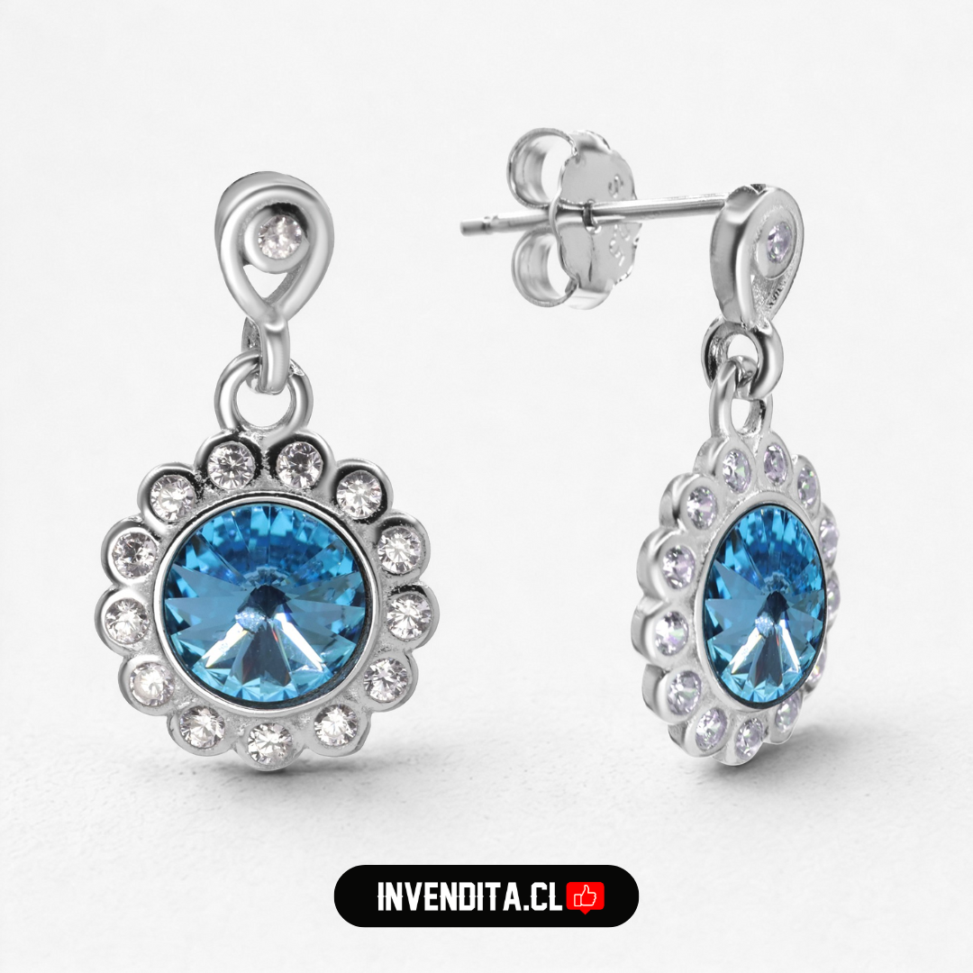 Aros de plata 925 diseño flor con cristal celeste Swarovski Elements