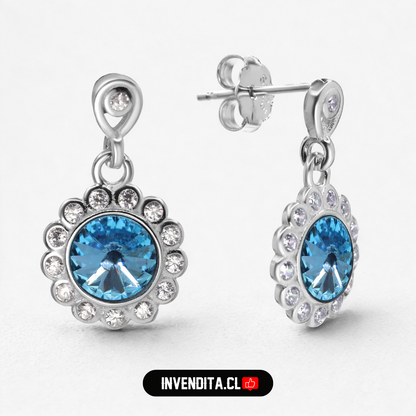 Aros de plata 925 diseño flor con cristal celeste Swarovski Elements
