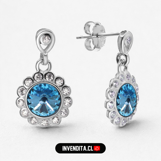Aros de plata 925 diseño flor con cristal celeste Swarovski Elements