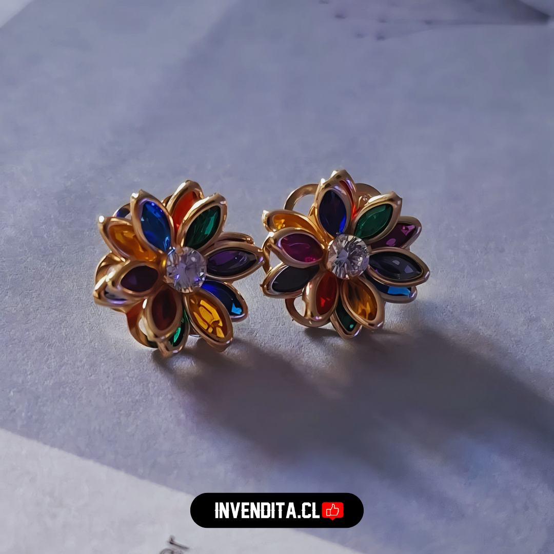 Aros enchapados en oro flores estilo loto con circones de colores