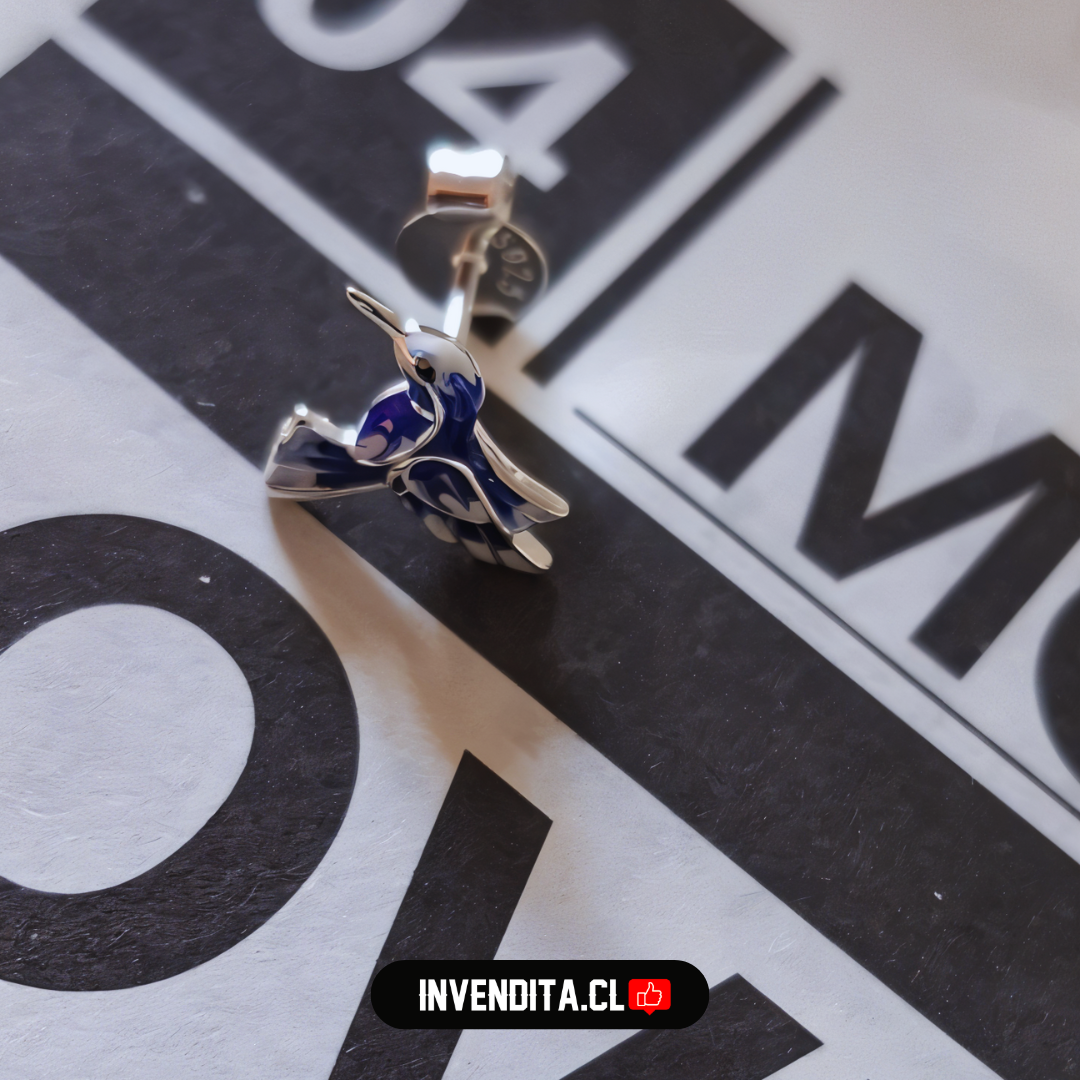 Aros de plata 925 colibrí esmaltado azul eléctrico