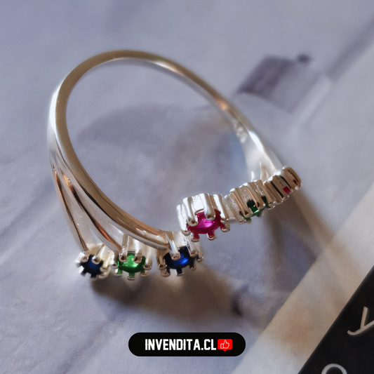 Anillo de plata 925 estilo abierto con puntos de flor de circones de colores