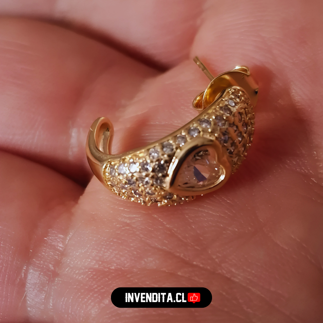 Aros enchapados en oro rosado semi argollas con circones y corazón