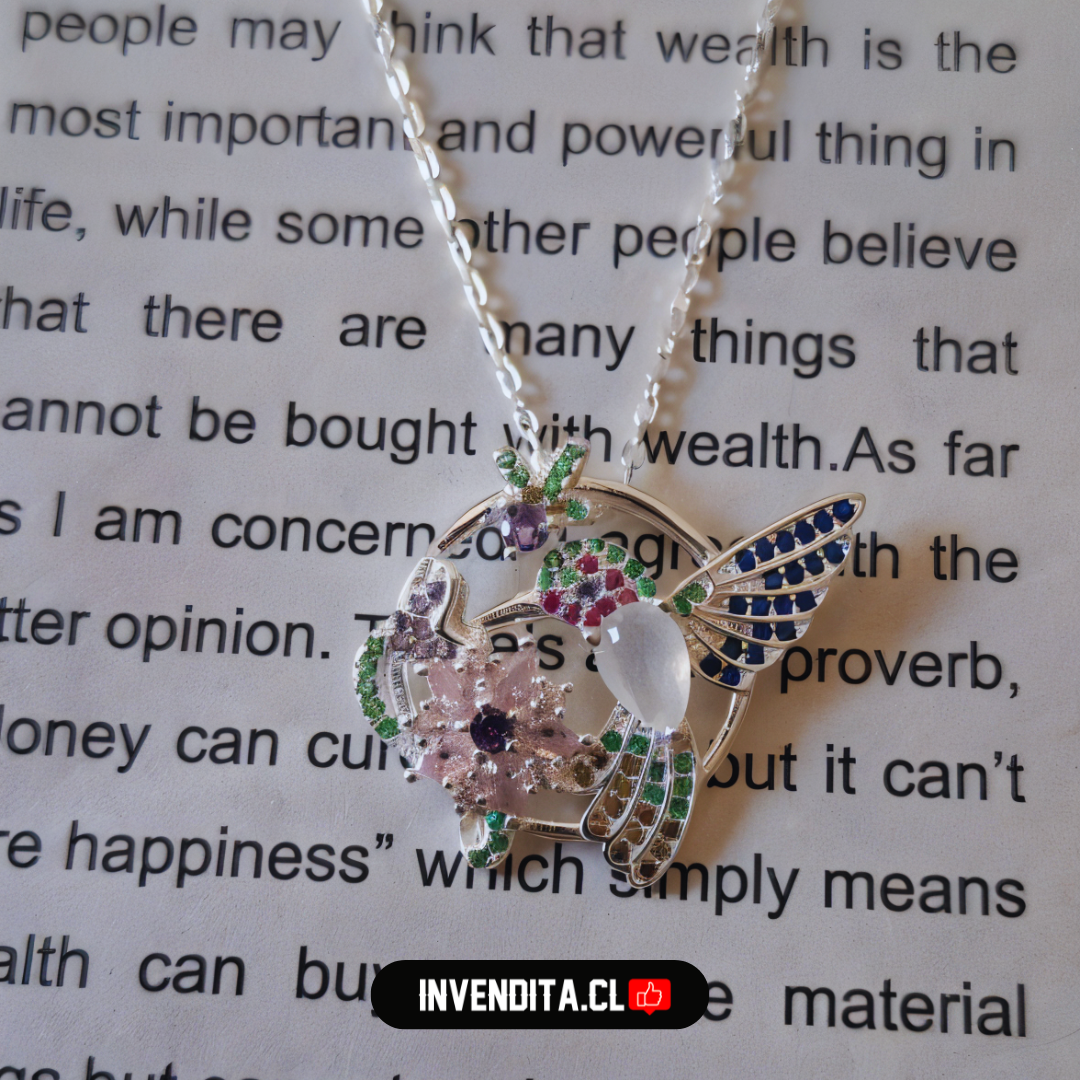 Collar de plata 925 colibrí con flores y circones de colores