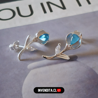 Aros de plata 925 flor con circones y cristal celeste