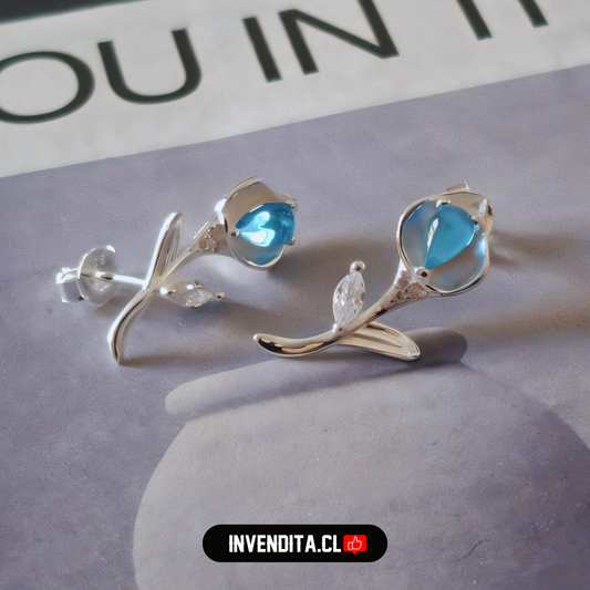 Aros de plata 925 flor con circones y cristal celeste