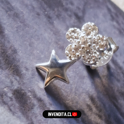 Aros de plata 925 flores con circones y estrella lisa