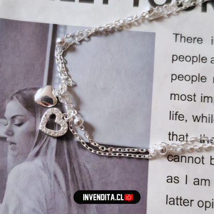 Tobillera de plata 925 doble cadena con colgantes corazón y circones