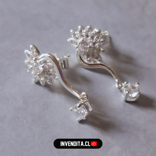 Aros de plata 925 flor Larga con circones