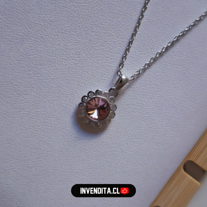 Collar de plata 925 diseño flor con cristal rosa Swarovski Elements