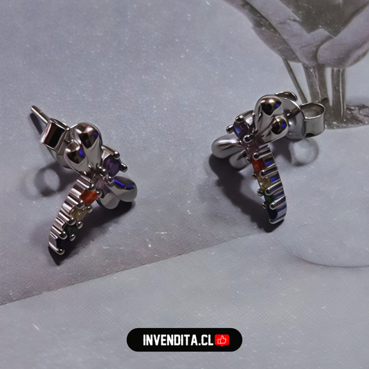 Aros de plata 925 diseño libélula con circones de colores