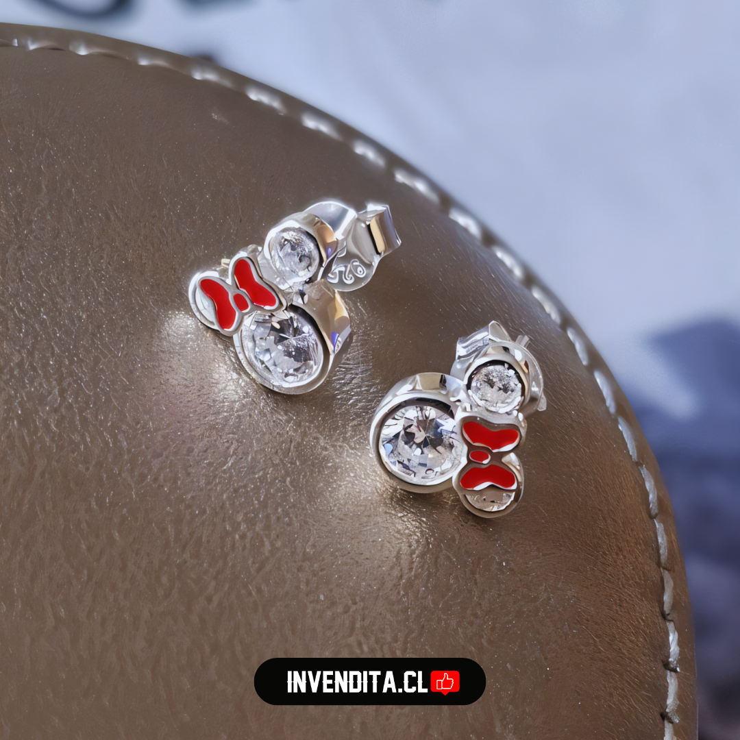 Aros de plata 925 diseño Minnie Mouse con circones y listón esmaltado