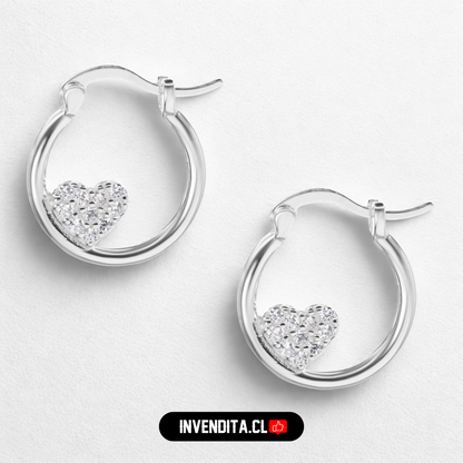 Aros de plata 925 argollas con corazón de circones