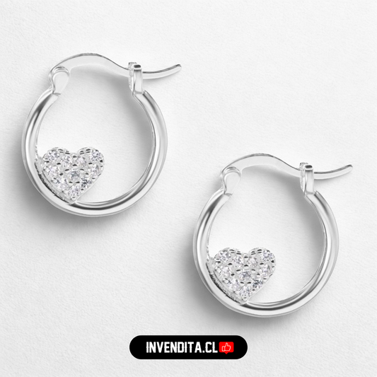 Aros de plata 925 argollas con corazón de circones