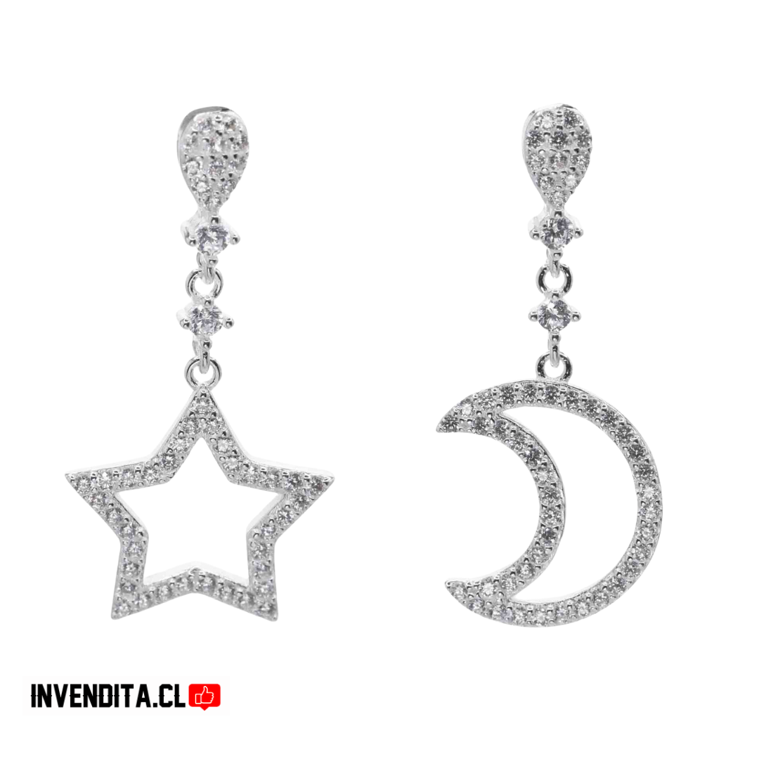 Aros de plata 925 diseño estrella y luna con circones