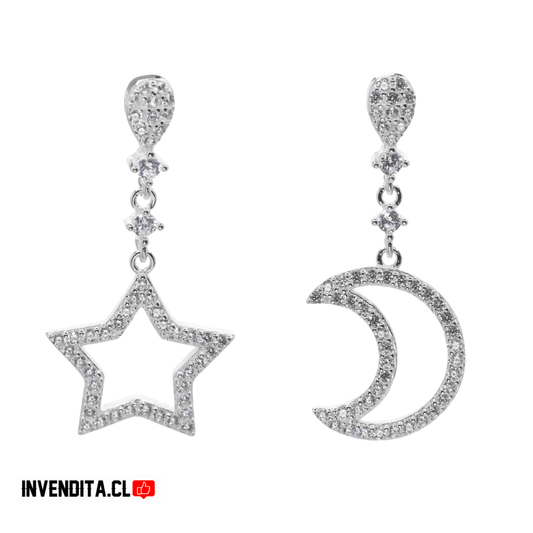 Aros de plata 925 diseño estrella y luna con circones
