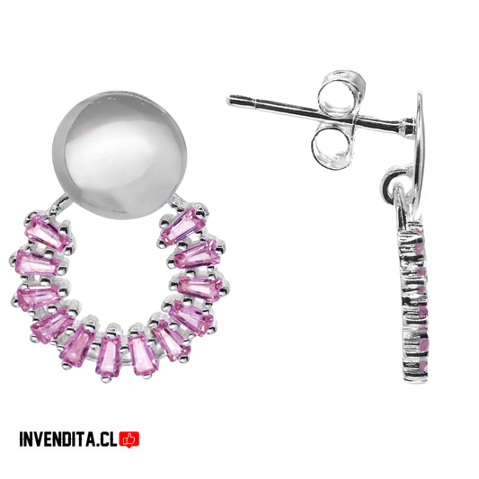 Aros de plata 925 estilo argolla con serie de circones rosas