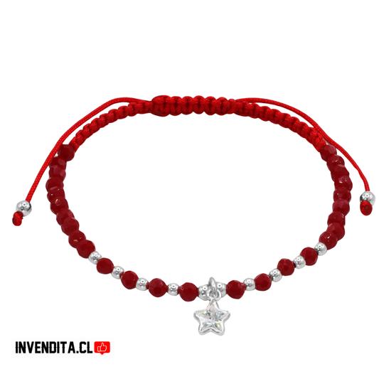 Pulsera macramé roja de plata 925 circón figura estrellada y cristales