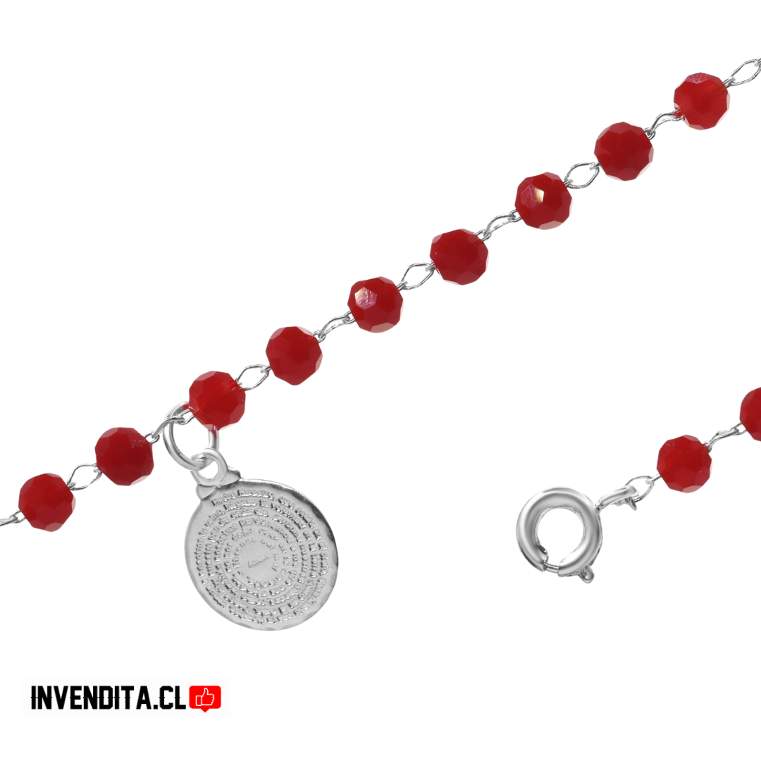 Pulsera enchapada en plata cristales rojos con placa de padre nuestro