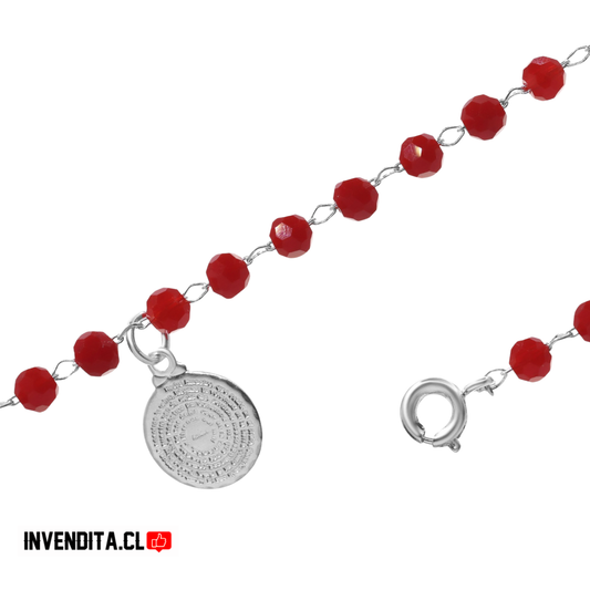Pulsera enchapada en plata cristales rojos con placa de padre nuestro