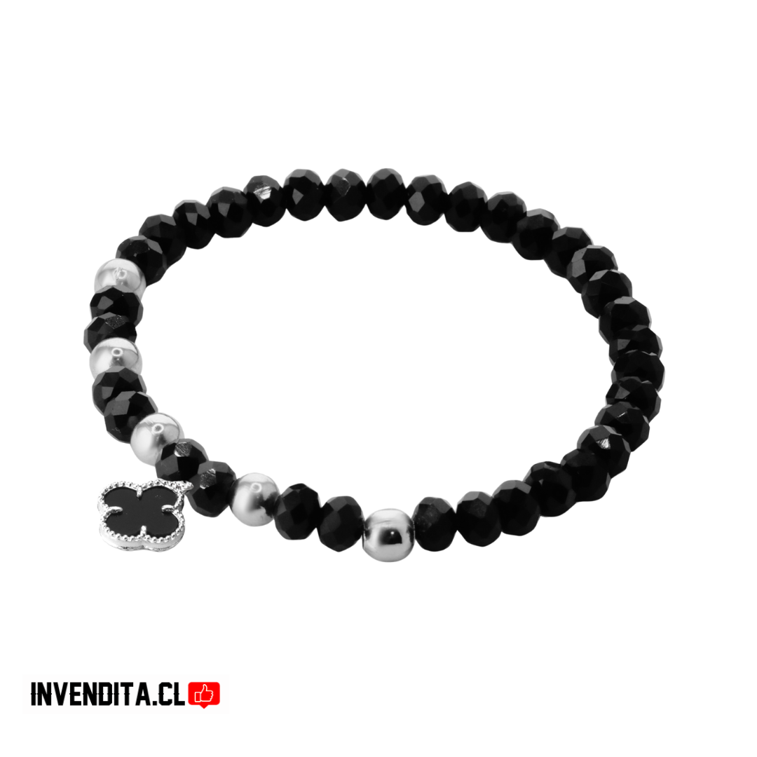 Pulsera enchapada en plata cristales negros con dije de flor