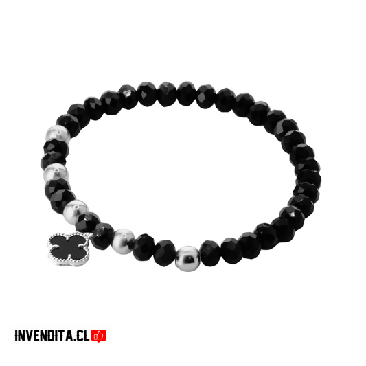 Pulsera enchapada en plata cristales negros con dije de flor