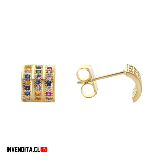 Aros enchapados en oro estilo placa con circones de colores