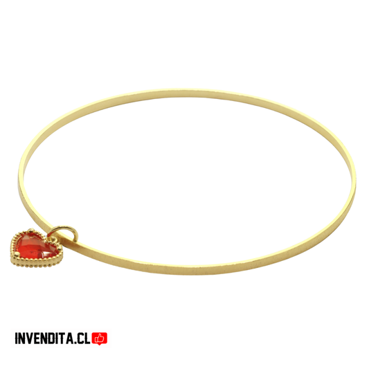 Pulsera enchapada en oro modelo esclava y dije corazón rojo