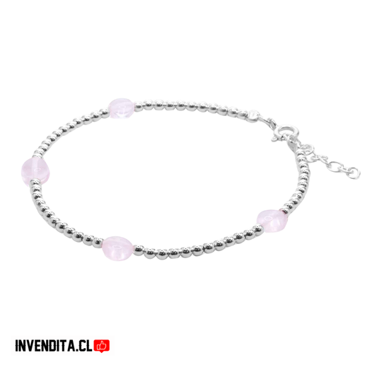 Pulsera de plata 925 esferas lisas con cuarzo rosa