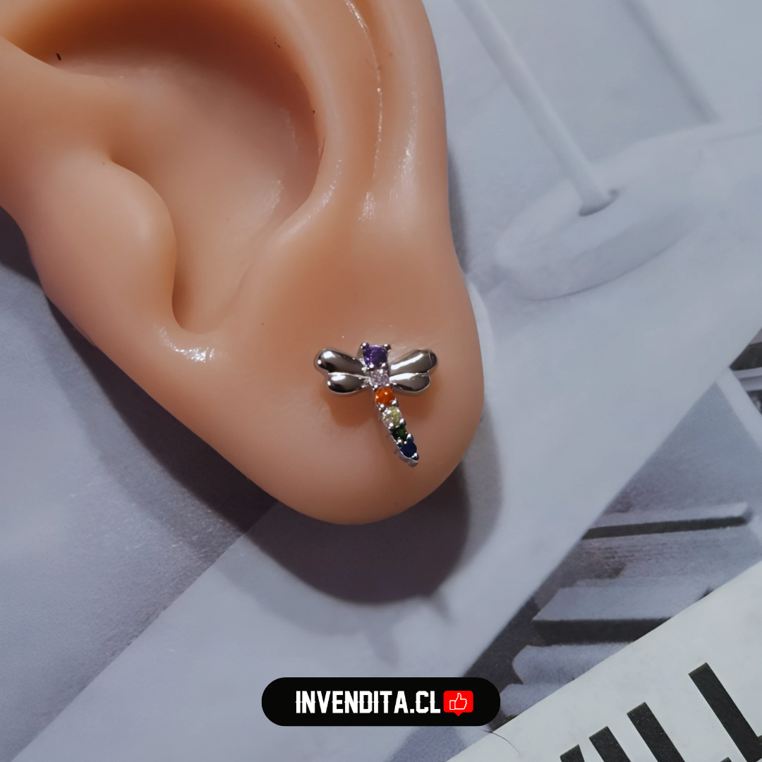 Aros de plata 925 diseño libélula con circones de colores