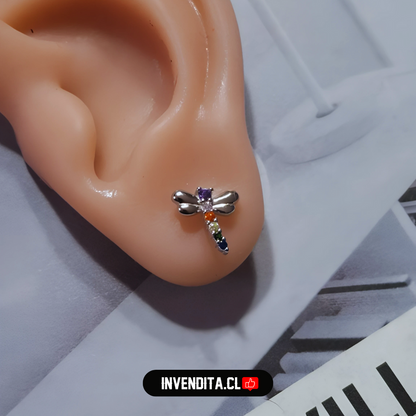 Aros de plata 925 diseño libélula con circones de colores