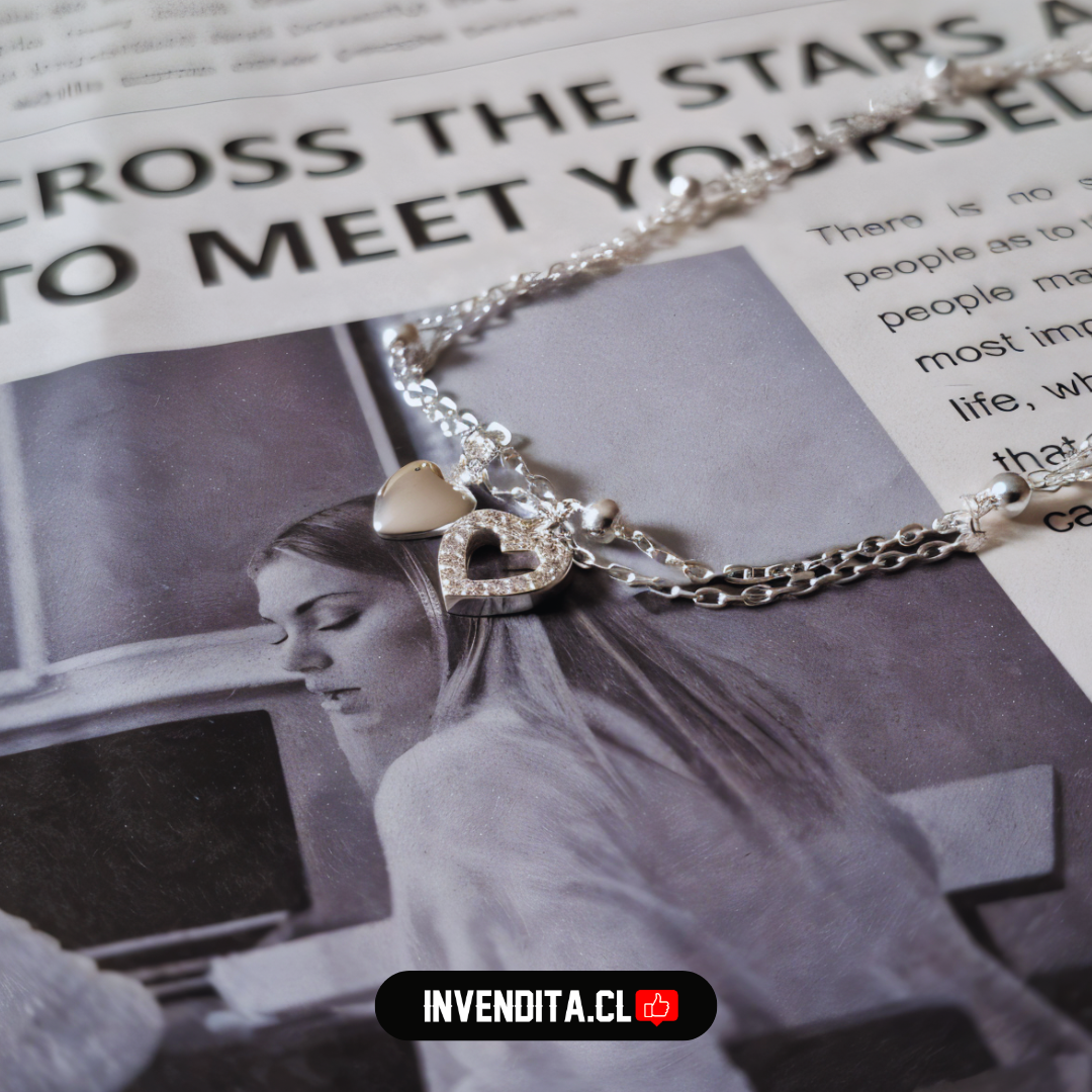 Tobillera de plata 925 doble cadena con colgantes corazón y circones