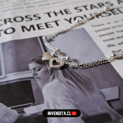 Tobillera de plata 925 doble cadena con colgantes corazón y circones